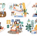 Set of women enjoying their free time, performing leisure activities and doing hobbies - cultivating home garden, meditating, taking bath, reading book, cooking. Flat cartoon vector illustration.